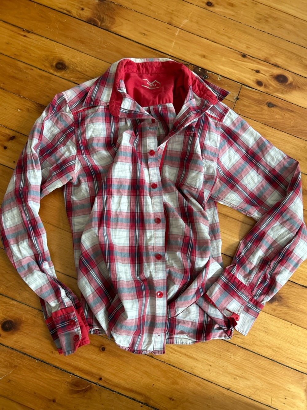 ☀️3/$25 KAVU long-sleeve plaid button-up shirt red white cotton large
